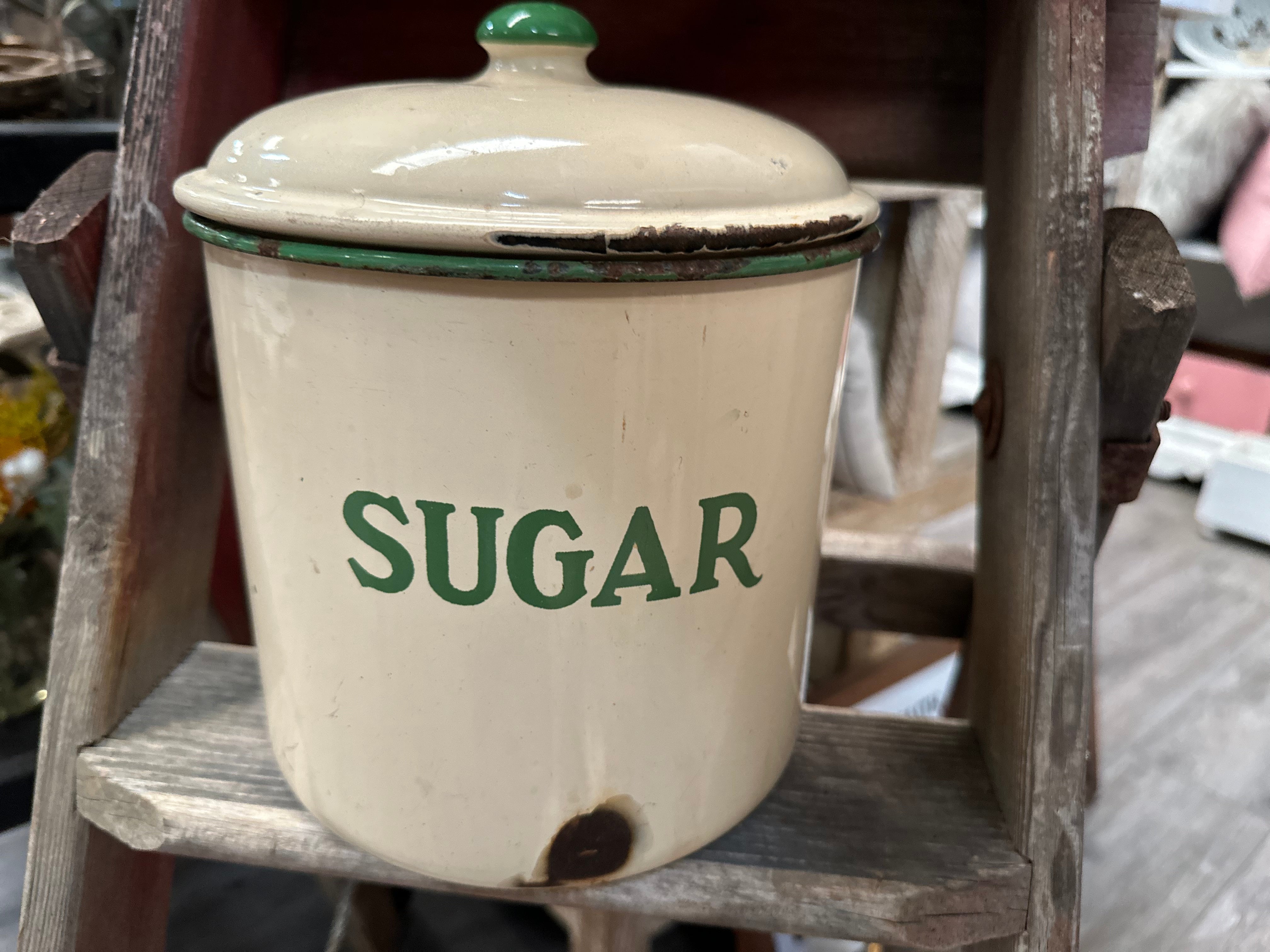 Enamel Cream Green Sugar Canister