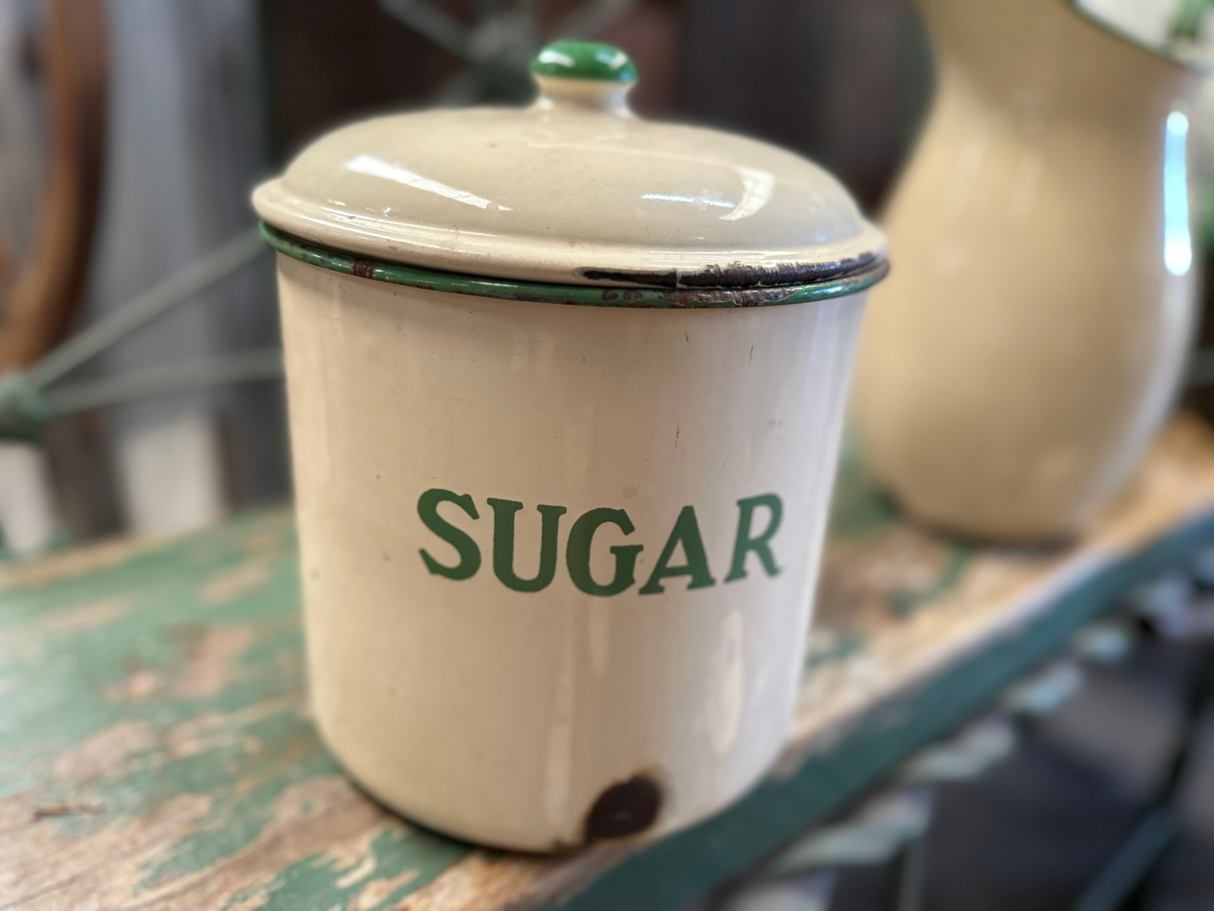 Enamel Cream Green Sugar Canister